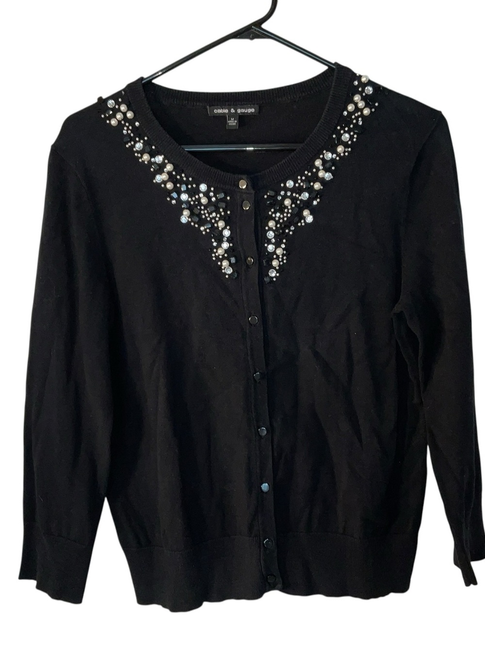 Cable & Gauge Black Crewneck Cardigan with Pearl & Bead Embellishment